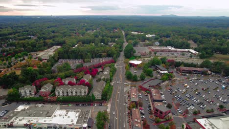 Aerial-view-of-a-bustling-suburban-area-with-colorful-foliage-in-Atlanta,-Georgia