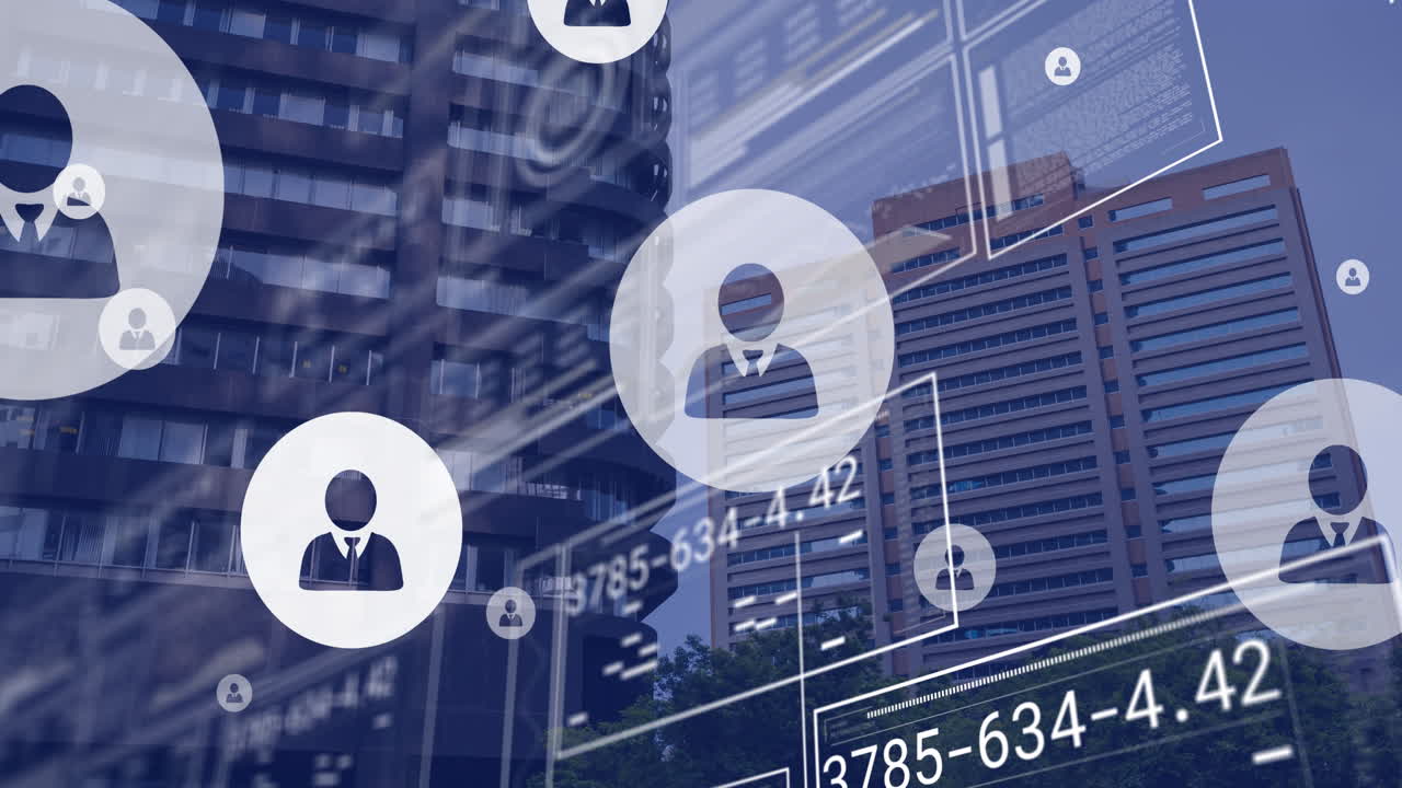 animación del procesamiento de datos con iconos sobre el paisaje urbano