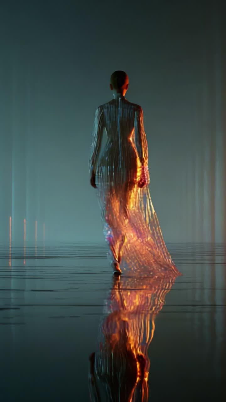 Uma figura cativante em um vestido cintilante caminha por um espaço etéreo e iluminado, criando um visual fascinante de luz, reflexo e elegância