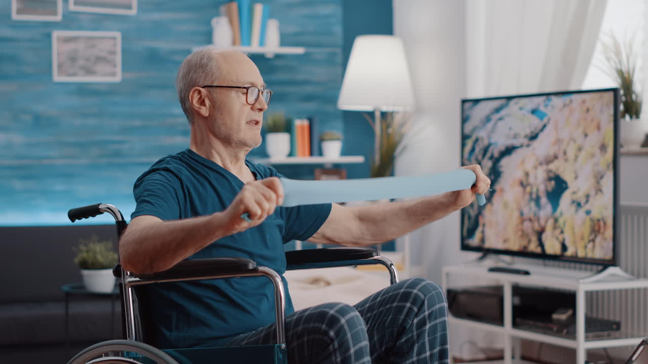 Elder person with disability stretching resistance band to exercise