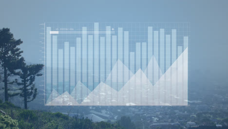 animation of statistical data processing against aerial view of cityscape