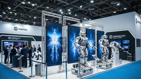 showcasing advanced robotics at a technology exhibition featuring interactive robots engaging with attendees and displaying cutting-edge innovations and designs