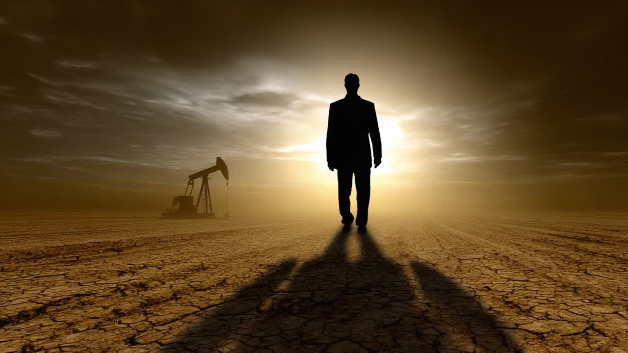 Una figura solitaria cammina in un paesaggio desolato al tramonto, caratterizzato da terra screpolata e una piattaforma petrolifera in lontananza, a simboleggiare le difficoltà dell'industria e della natura