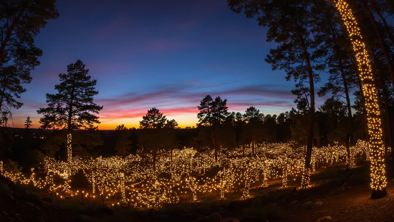 A Magical Evening with Twinkling Lights: A Stunning Display of Illuminated Trees at Dusk, Showcasing Nature's Beauty Enhanced by Spectacular Lighting