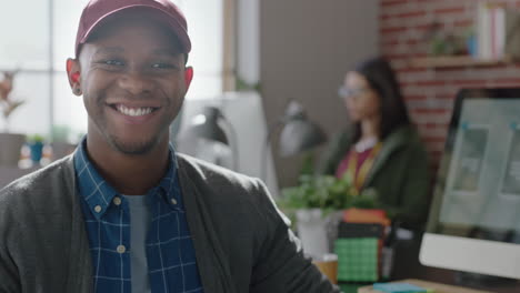 portrait african american businessman using computer developing software app design project brainstorming solution enjoying startup company career smiling happy