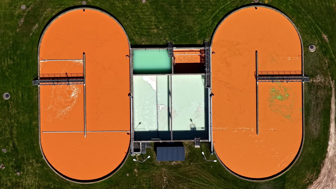 Top-down view of twin bioreactor tanks in wastewater treatment facility