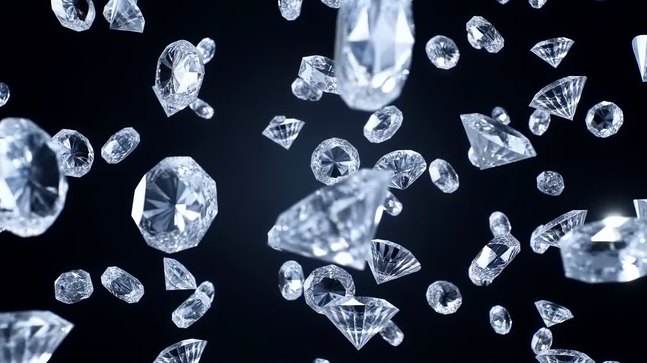 Sparkling Diamonds Floating Against Dark Backdrop, Closeup Facets Refracting Cool Blue Light, Slow Drifting