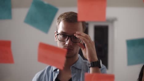 Team-Of-Three-Young-People-Young-Man-In-Glasses-Stick-The-Colored-Papper-And-Make-A-Note-On-It