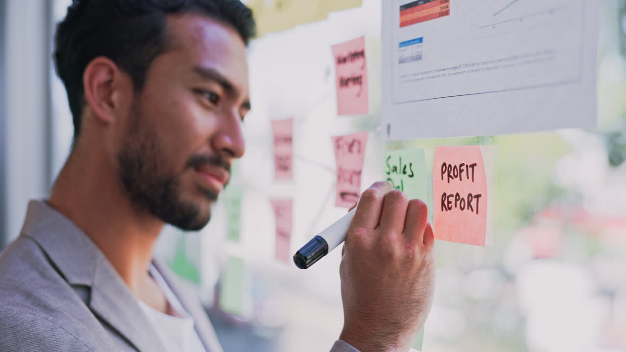 Writing, glass and business man planning