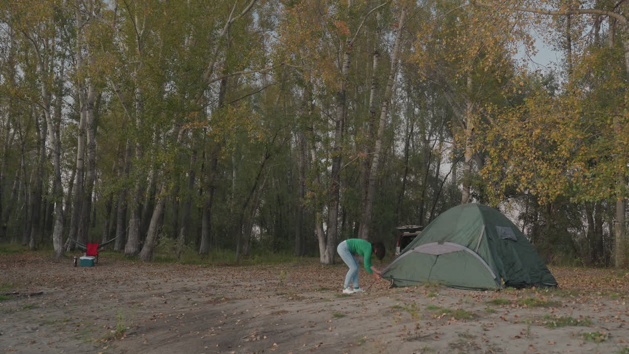 Camper fastgør teltpløkker ved træer, grønt telt delvist slået op, rød køleboks synlig nær skovkant, person strammer snor og forankrer til jorden, dagslys i efterårsmorgen, fokuseret praktisk