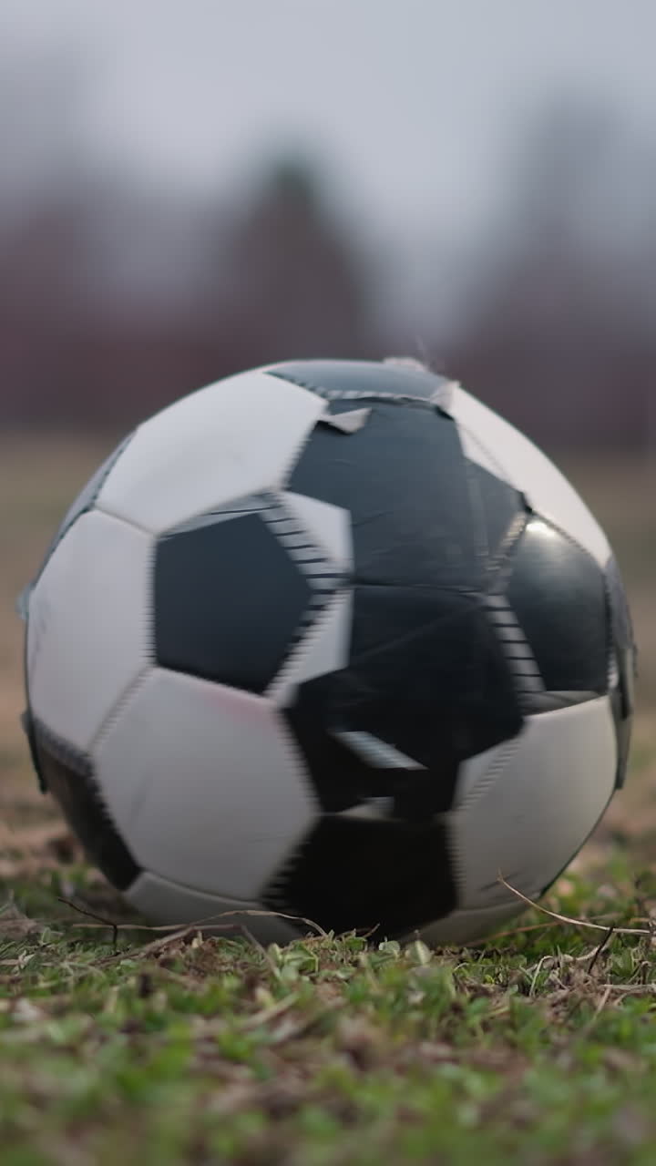 Close-up of someone stopping a rotating soccer ball with their left foot on a grassy field, with a blur background