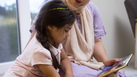 close-up view of mother and daughter in the living room.