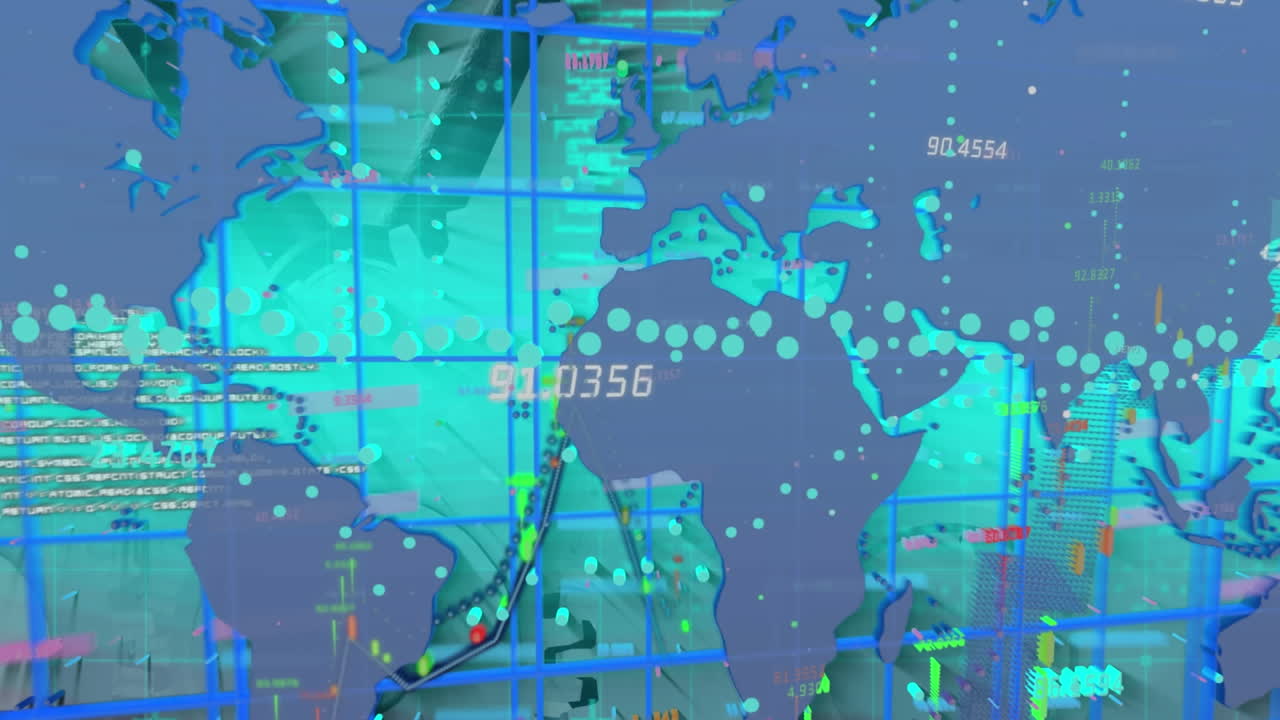 파란색 배경의 세계 지도 위의 금융 데이터 처리 애니메이션