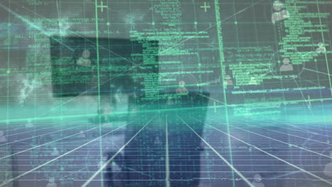 animazione della rete di icone di profilo e elaborazione dei dati su rete di griglia contro scrivania d'ufficio.