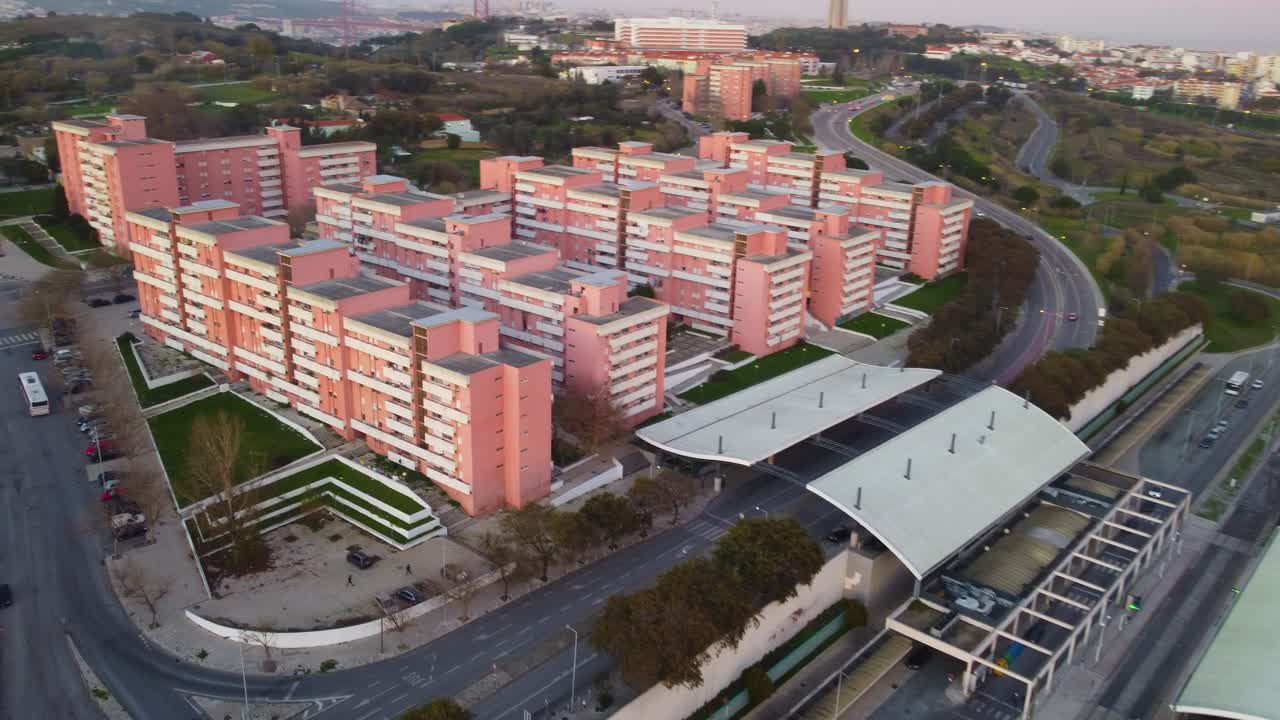 Drone shot flying over some examples of social housing in Portugal.mp4