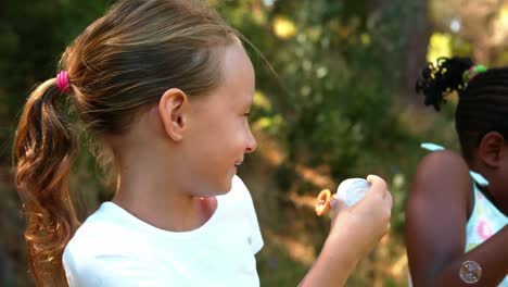 Girls-blowing-bubbles-with-wand-in-park