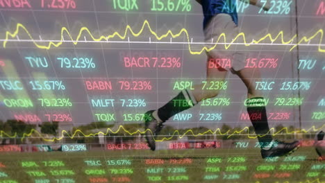 stock market data animation over soccer players running on field