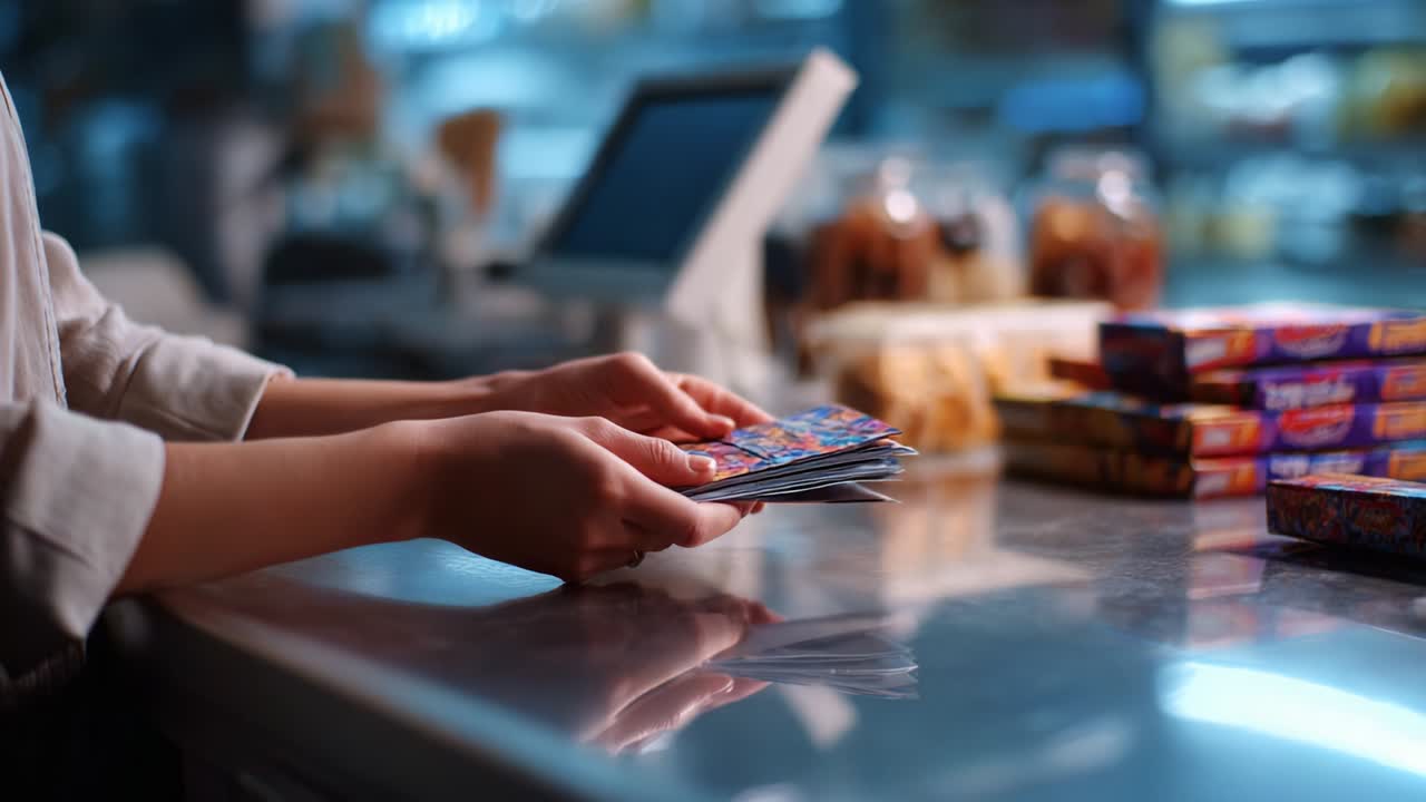 A close-up glimpse of hands holding colorful cards at a busy checkout counter, highlighting the intricate designs and vibrant hues of the cards, set against a backdrop of bakery items and a bustling kitchen environment