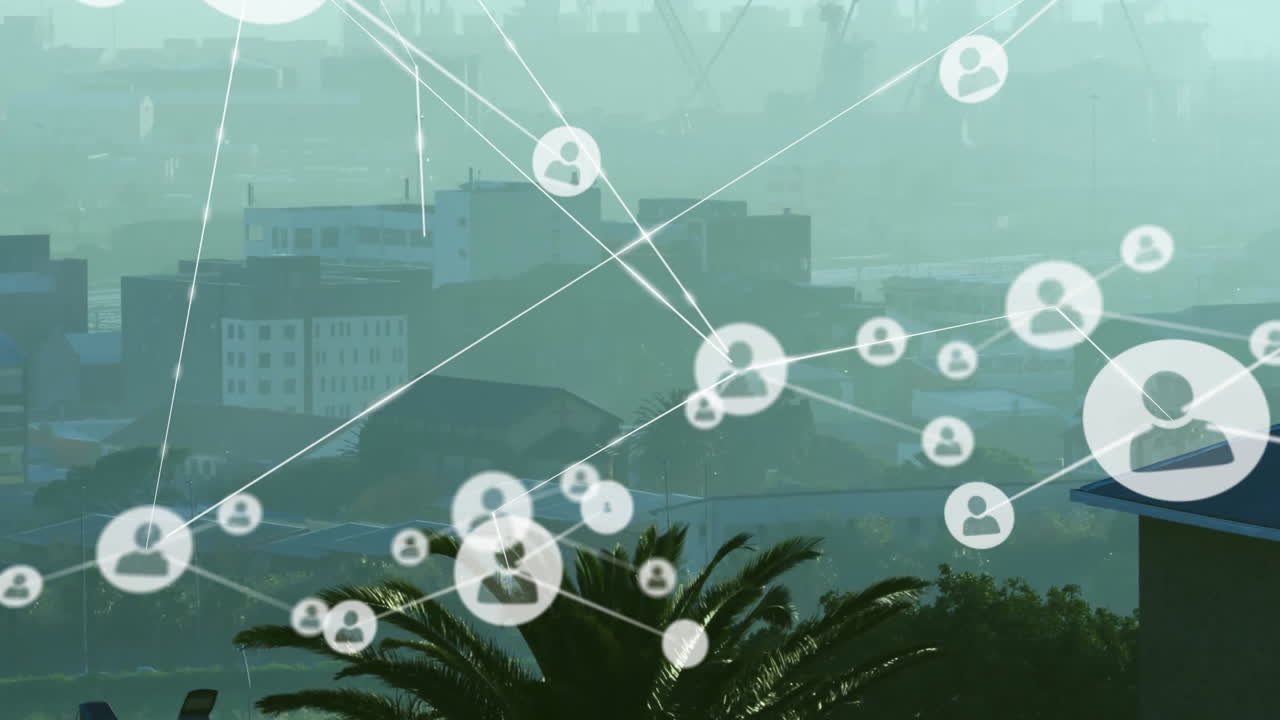 도시 풍경 위의 연결 네트워크 및 사용자 아이콘 애니메이션