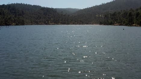 flying low and fast over sparkling lake with forest mountains in background