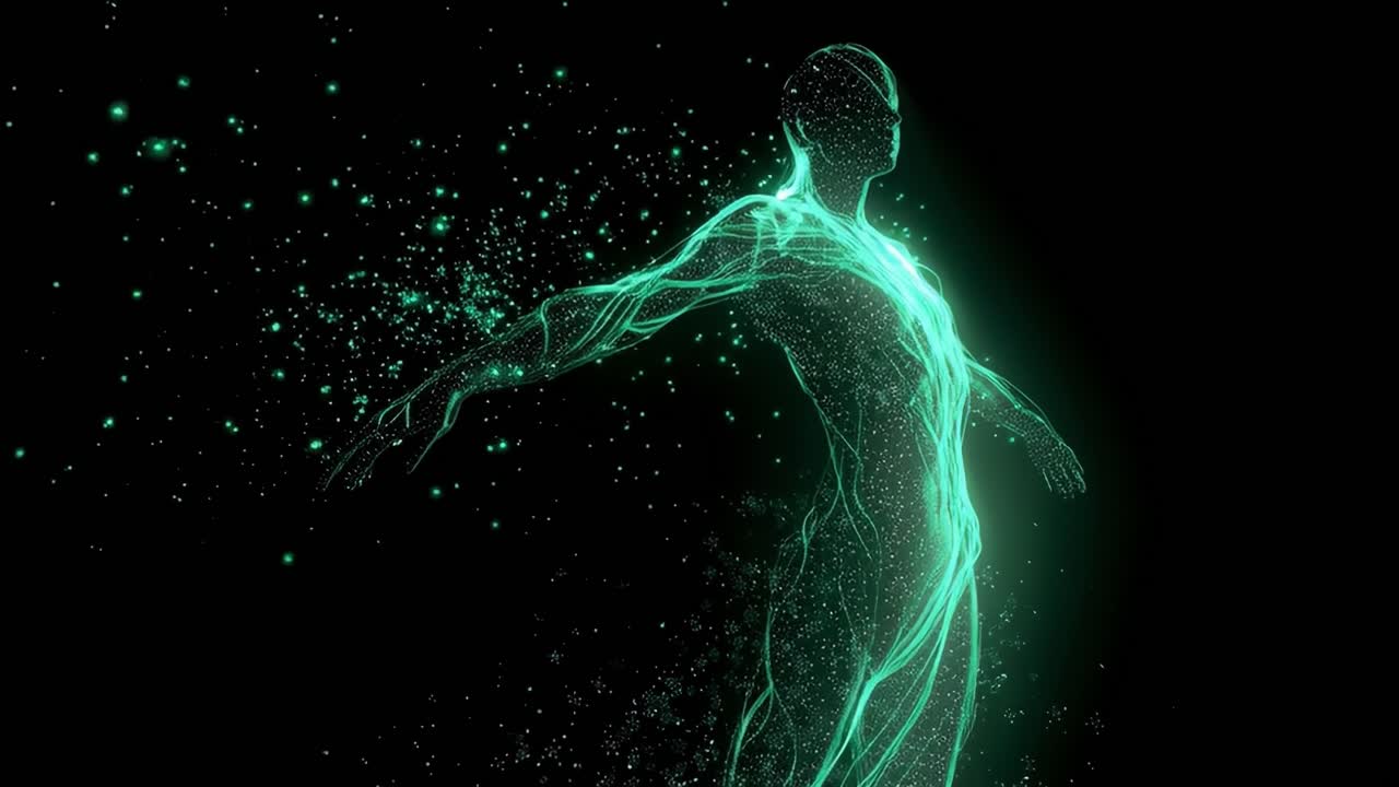 A Transformative Journey of the Human Form: Exploring the Ethereal Representation of the Body Through Neon Green Light and Particles, Capturing Motion and Energy in a Digital Dimension