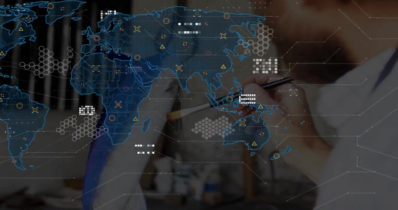 Artist Painting Fish Sculpture with Digital World Map Overlay