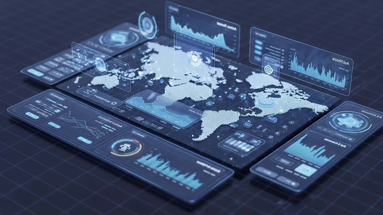 Interactive Digital Dashboard Visualization with Global Map Displaying Analytical Data and Graphs for Advanced Data Insights and Monitoring