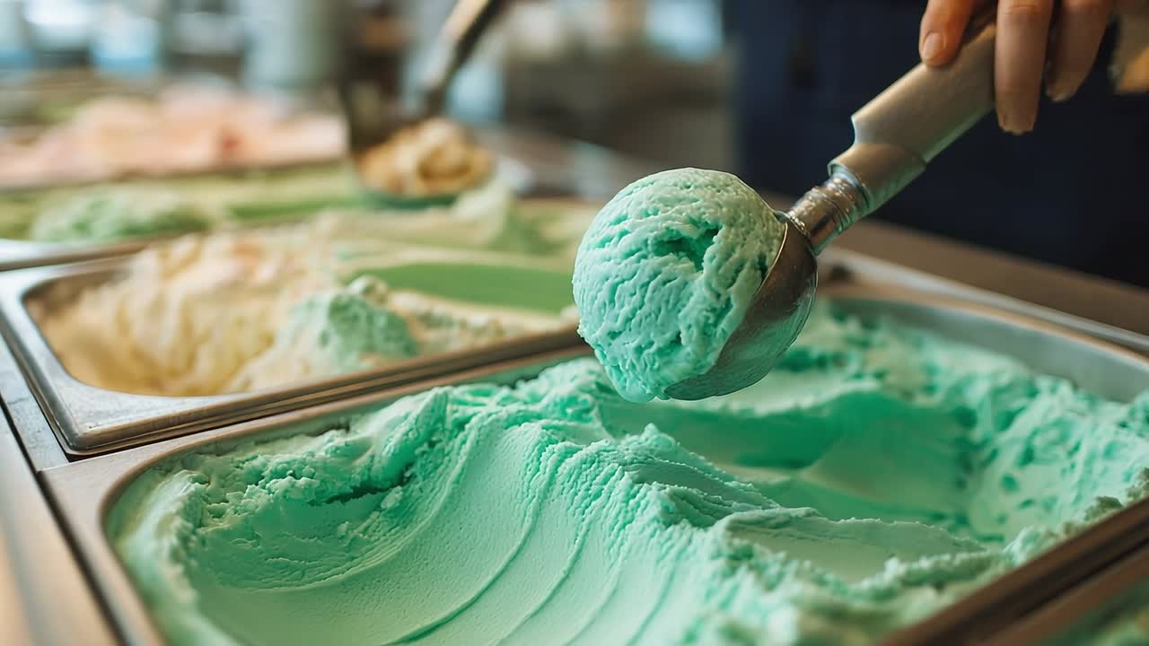 Delizioso gelato verde menta servito in una gelateria locale.