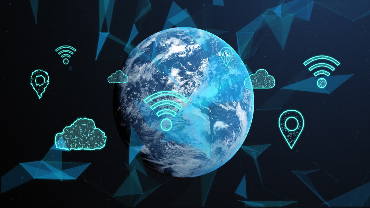 animación de redes con iconos de nube y wifi y procesamiento de datos en todo el mundo.