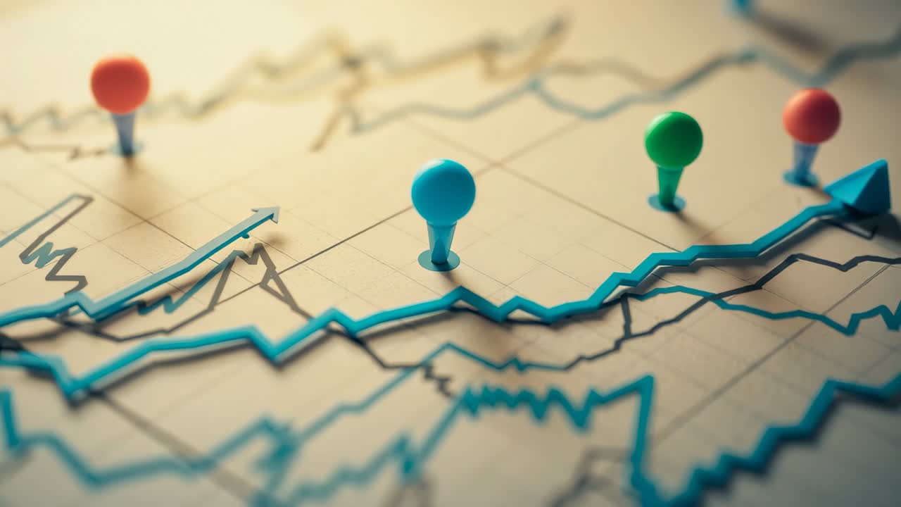 Focusing camera panning across desk chart, showing turquoise green red pins on upward blue trend