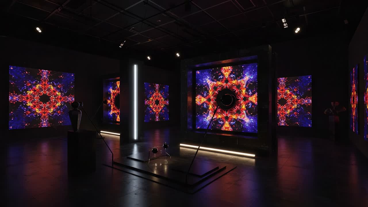 A mesmerizing exhibition of vibrant digital art, showcasing captivating patterns and immersive visuals that draw viewers into a dynamic space of creativity and innovation