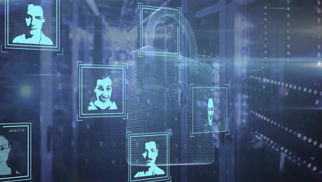 animación de fotos biométricas, candado y procesamiento de datos digitales a través de servidores informáticos