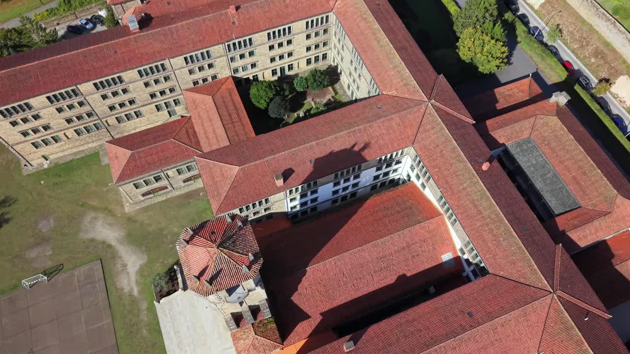 4K drone aerial view of the Minor Seminary in Santiago de Compostela in the Belvís area