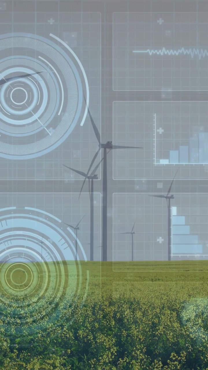 Video verticale: HUD che si attiva mentre le turbine ruotano e grafici che mostrano il monitoraggio dell'energia delle colture