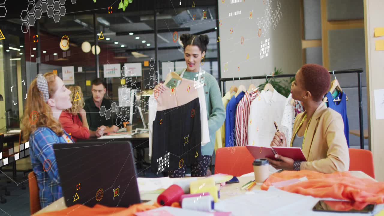 Presenter lifting two-tone dress and rotating garment for design review, HUD highlighting details