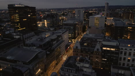 establishing drone shot over leeds city centre at night