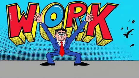geschäftsmann kämpft mit dem wort "arbeit"