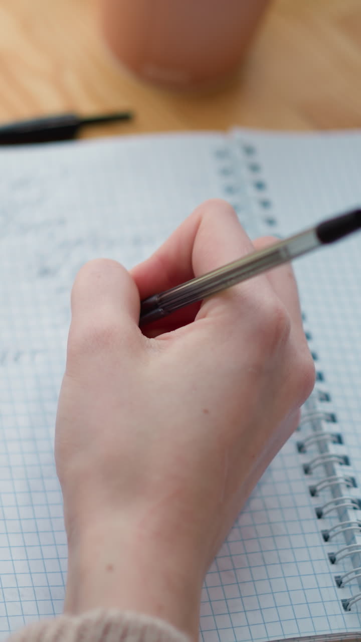 primer plano de la mano sosteniendo el bolígrafo, escribiendo en el cuaderno con vista parcial de la taza de café en la mesa, centrarse en la concentración, el trabajo y la productividad, fondo suave con patrón de cuadrícula en el papel