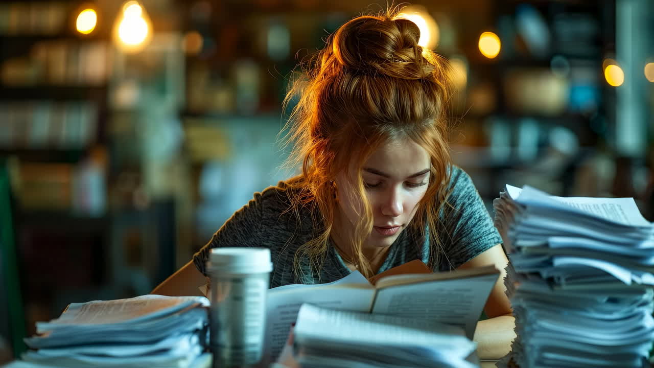 Studente che legge in una biblioteca accogliente. Giovane donna intenta a leggere un libro, circondata da pile di fogli in un ambiente bibliotecario caldo e invitante