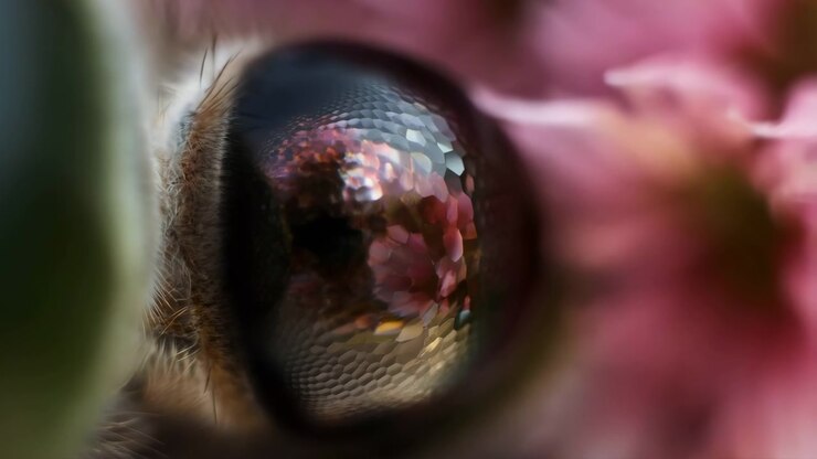 Ape a riposo, in primo piano su un fiore, da una prospettiva ravvicinata, con accenti rosa e verdi e un'atmosfera neutra, che mostra oggetti vicini e l'ambiente circostante.