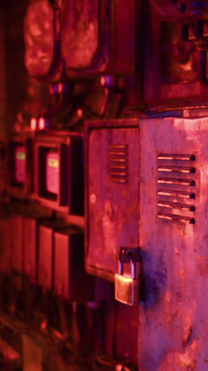 Urban alleyway with electrical panels illuminated by neon lights