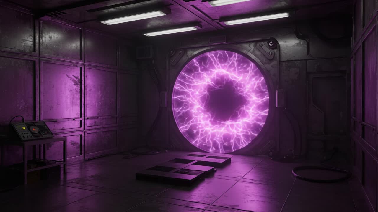 A futuristic portal emits vibrant purple energy in a high-tech room, showcasing dynamic electrical arcs and a sci-fi atmosphere, inviting exploration and adventure