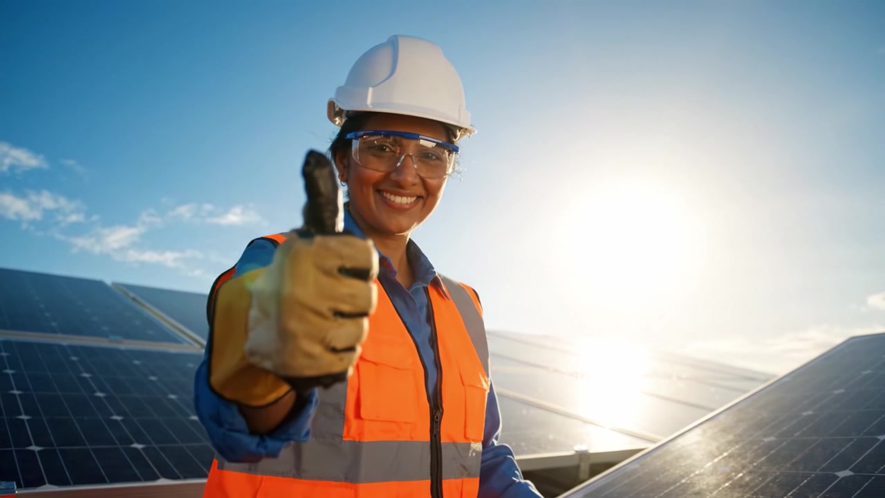 Um técnico qualificado trabalha diligentemente na instalação de um painel solar, demonstrando dedicação e experiência em energia renovável e tecnologia sustentável sob um céu azul claro
