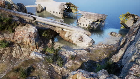 Plane-wreck-on-the-beach-with-rocks-near-ocean