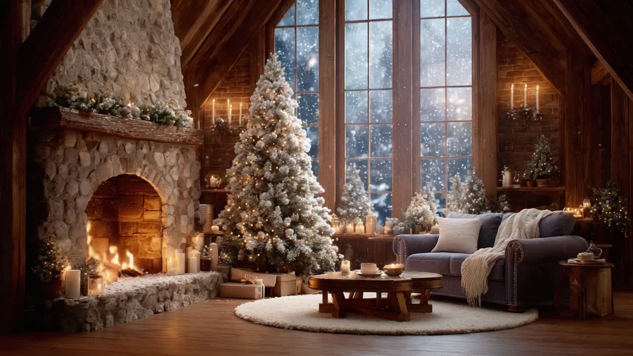 A Cozy Winter Retreat: A Warm and Inviting Scene Featuring a Beautifully Decorated Christmas Tree, Flickering Fireplace, and Charming Cabin Ambiance in a Snowy Wonderland
