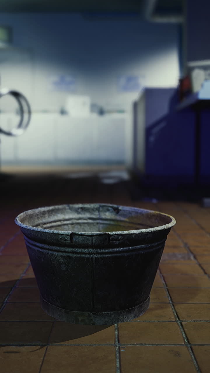 Dark and quiet laundry room with an empty bucket on the floor