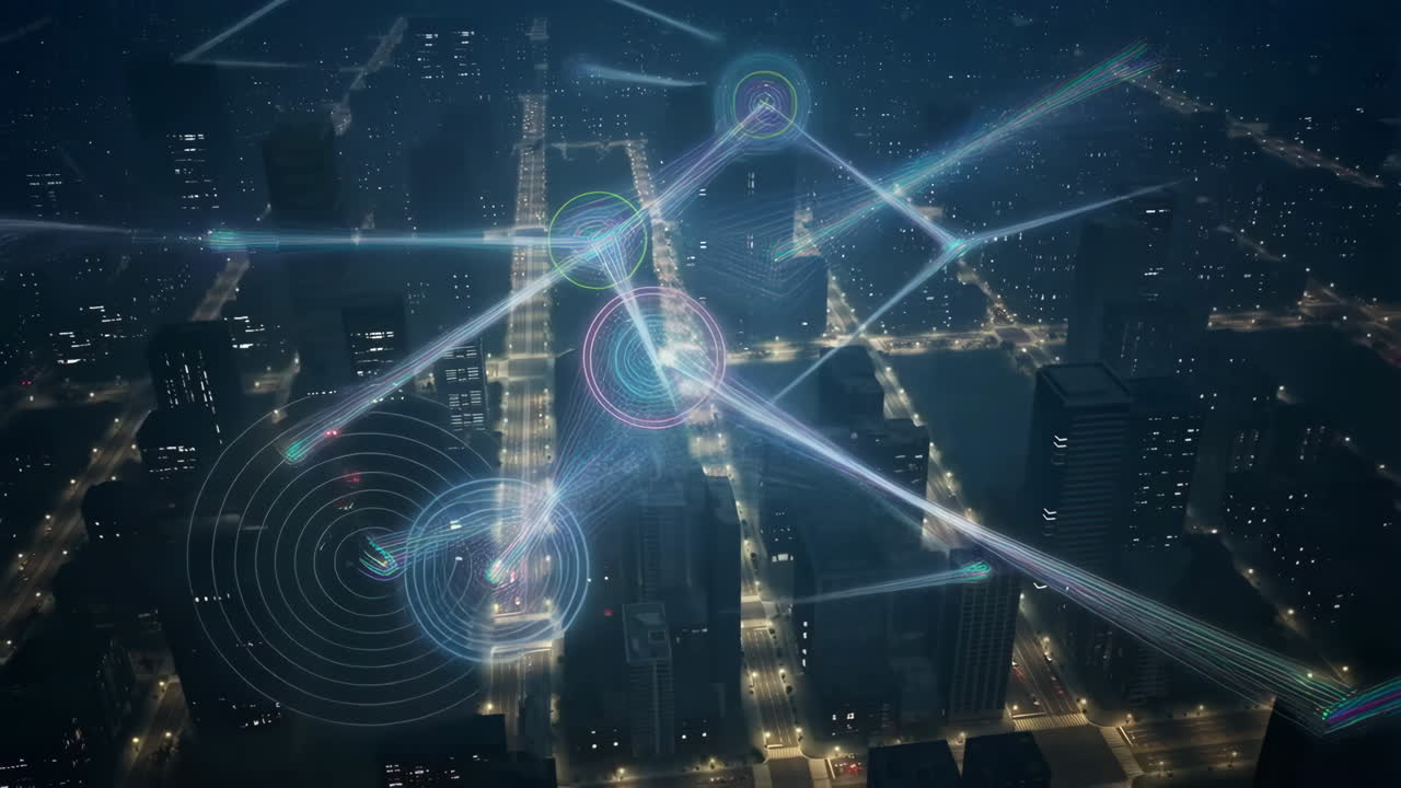 Futuristic Smart City Network and Data Flow at Night