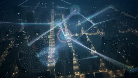 futuristic smart city network and data flow at night
