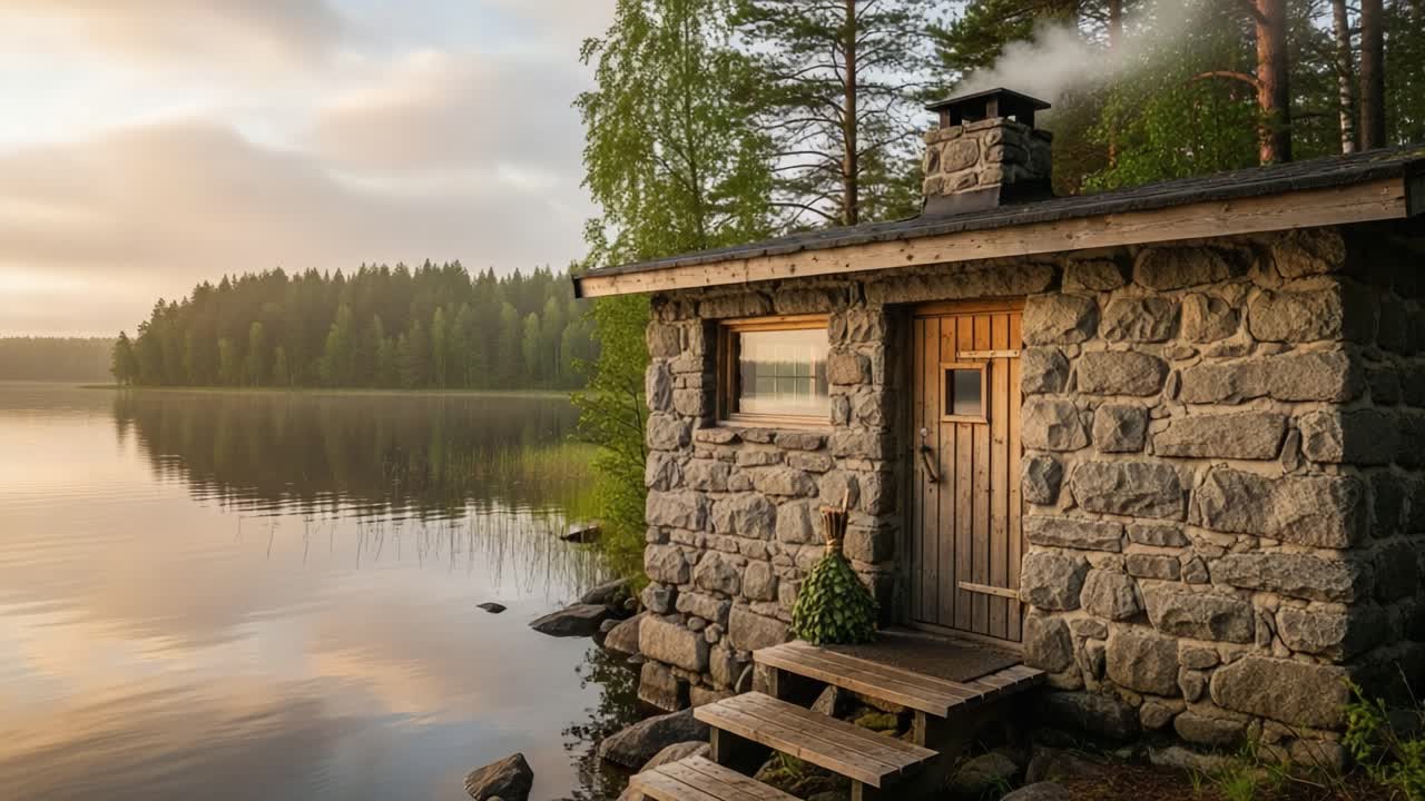 Tranquil lakeside stone cabin exuding rustic charm, surrounded by lush greenery and serene waters, capturing the essence of peaceful nature living during golden hour