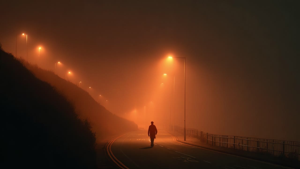 A solitary figure walks down a fog-covered road illuminated by street lamps, creating an atmospheric scene filled with mystery and contemplation as night envelops the surroundings